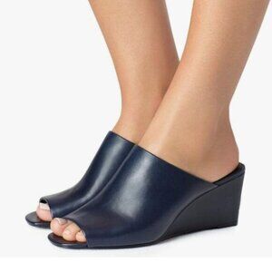 YDN Navy Casual Peep Toe Slide Mules Wedge Heel Sandals Slip On Shoes